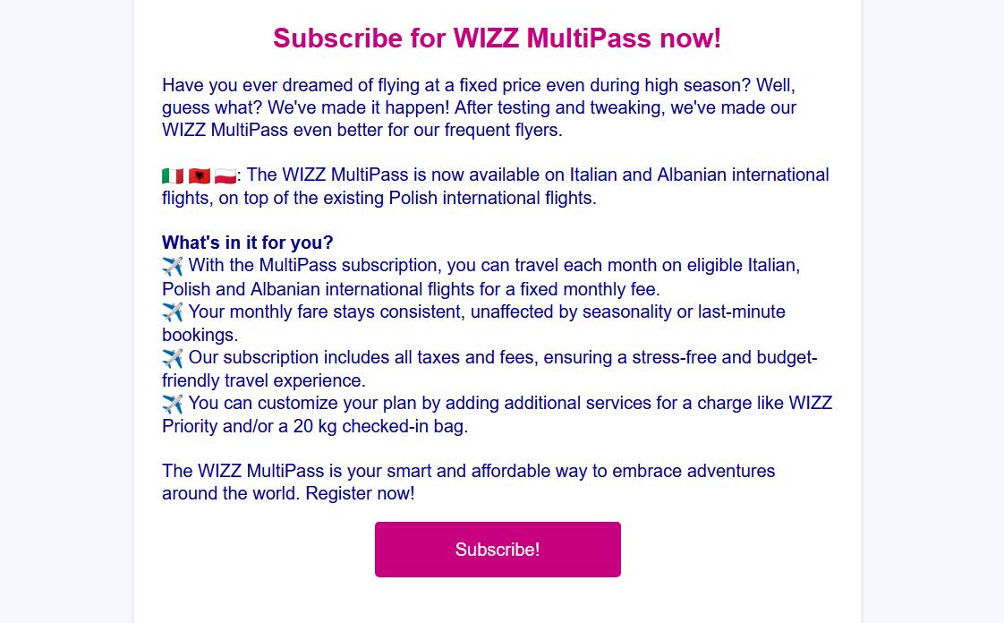 Wizz Air Multipass subscription email